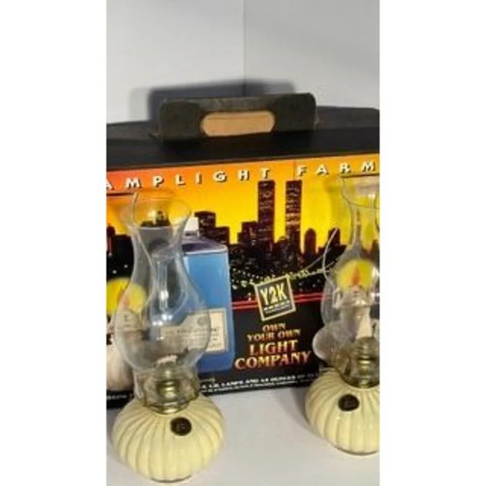 Y2K Pumpkin Oil Lamps Set of 2 Glass Chimneys Original Box Fall Decor